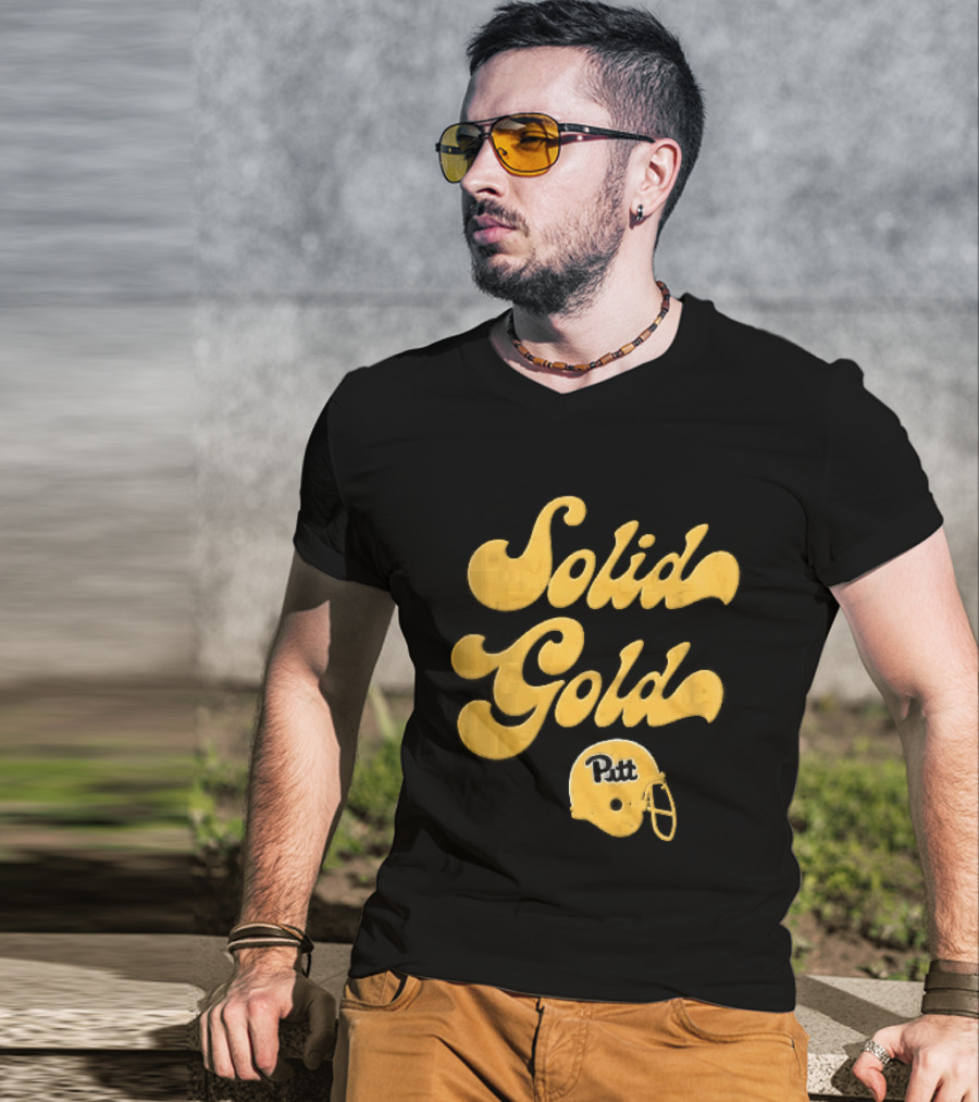 Pittsburgh Panthers Solid Gold Script Font Yellow Football Helmet T-Shirt