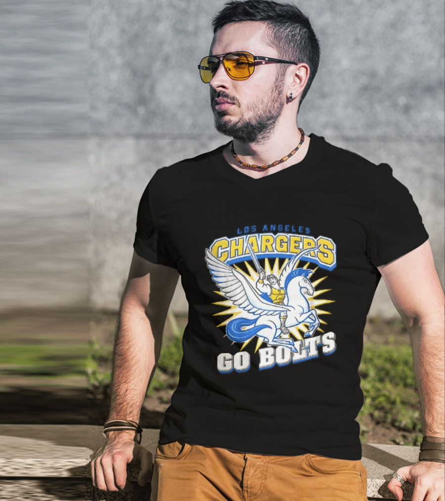 Los Angeles Chargers Go Bolts Hercules Pegasus Sword Cartoon Sunburst T-Shirt