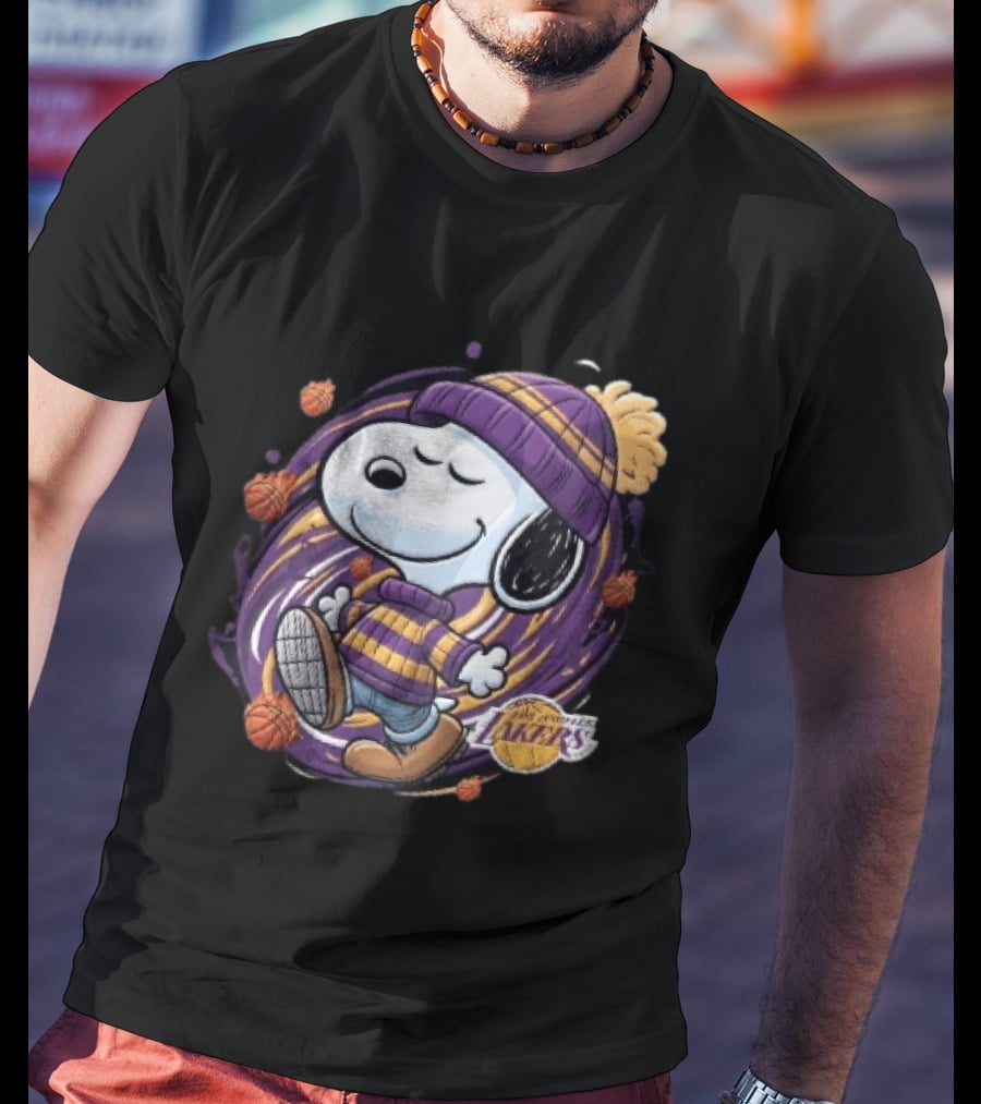 Los Angeles Lakers NBA Snoopy Cartoon Beanie Swirl Flaming Basketballs T-Shirt