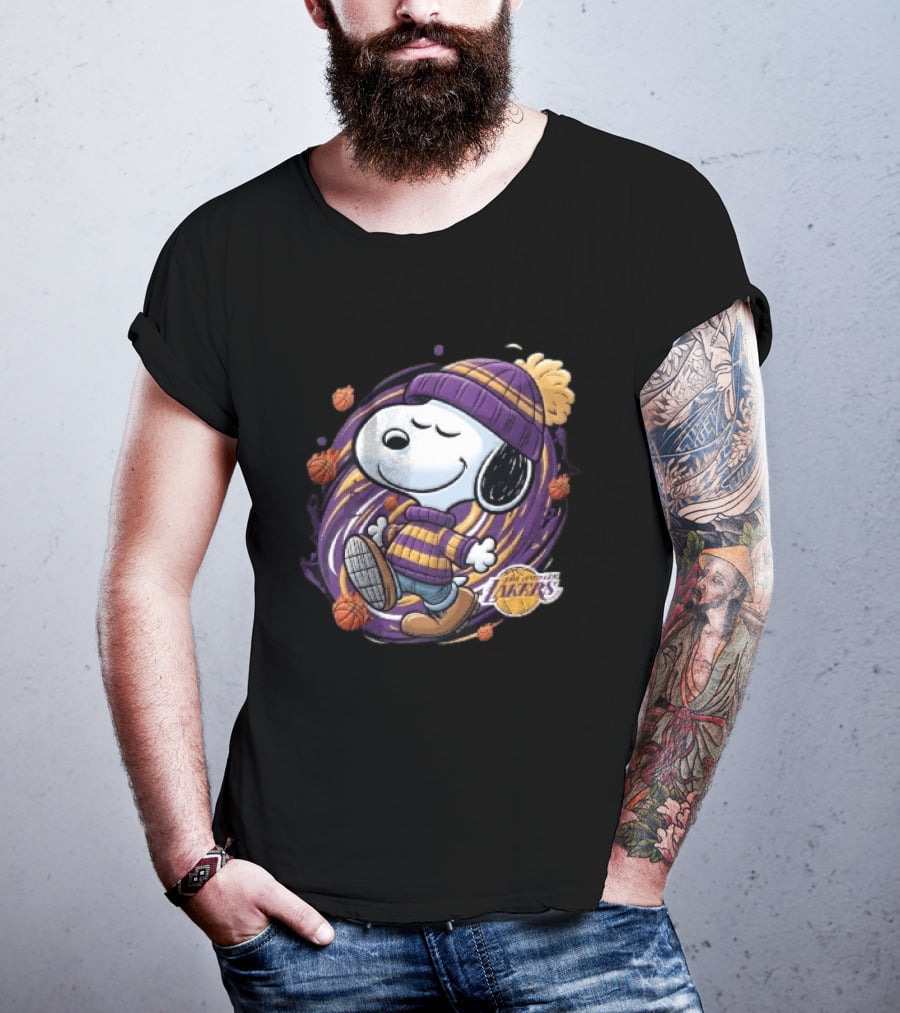 Los Angeles Lakers NBA Snoopy Cartoon Beanie Swirl Flaming Basketballs T-Shirt