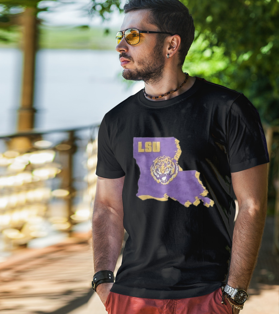 LSU Tigers NCAA Roaring Head Louisiana Map T-Shirt
