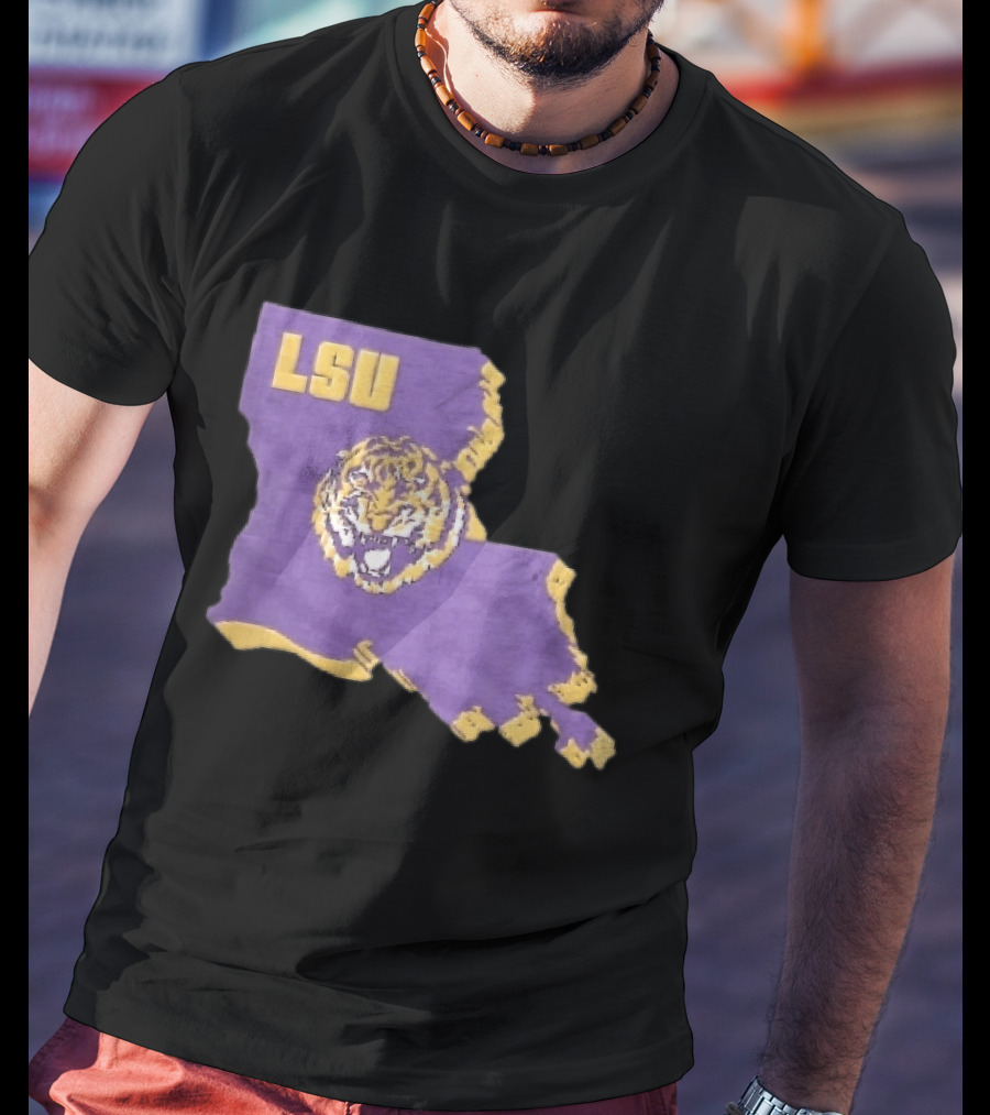 LSU Tigers NCAA Roaring Head Louisiana Map T-Shirt