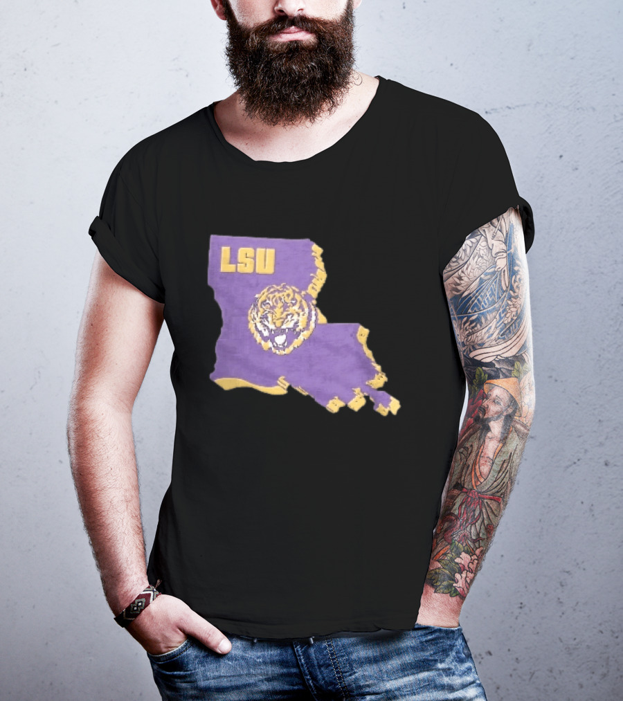 LSU Tigers NCAA Roaring Head Louisiana Map T-Shirt