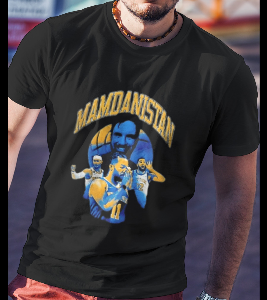 Mamdanistan Jalen Brunson Karl Anthony Towns Zohran Mamdani Halftone Basketball Collage T-Shirt