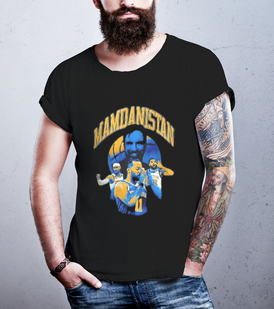 Mamdanistan Jalen Brunson Karl Anthony Towns Zohran Mamdani Halftone Basketball Collage T-Shirt