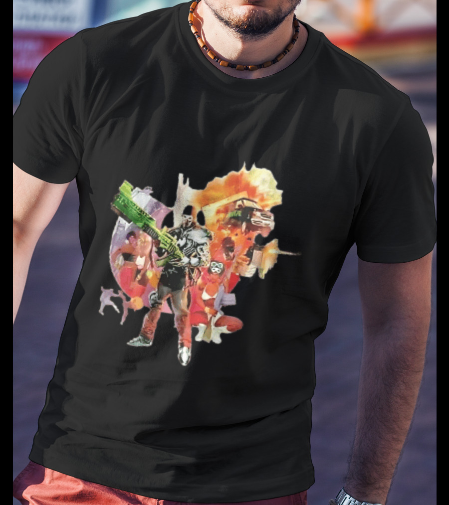 Masked Skeleton Soldier Green Rifle Fire Explosion Flying Truck Collage T-Shirt