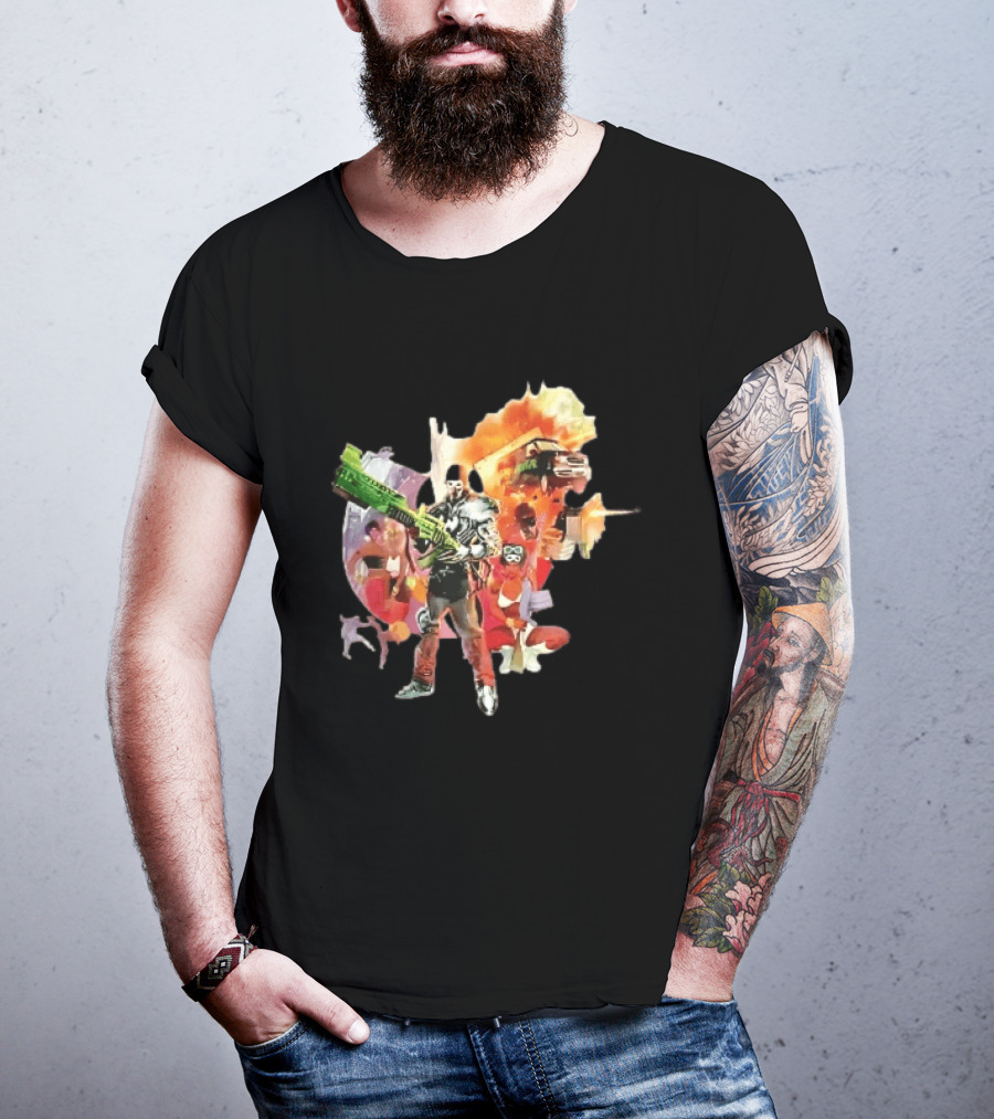 Masked Skeleton Soldier Green Rifle Fire Explosion Flying Truck Collage T-Shirt