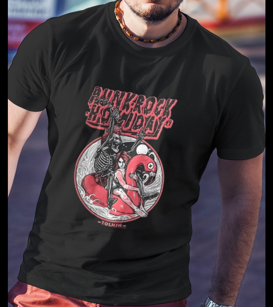 Punk Rock Holiday 19 Tolmin Mohawk Skeleton Riding Pink Flamingo Ocean Waves T-Shirt