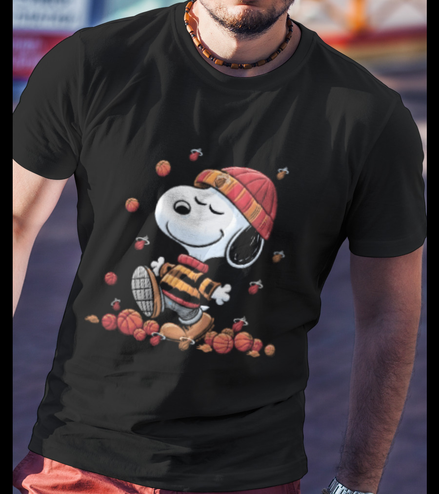 Miami Heat NBA Snoopy Walking Beanie Striped Flaming Basketballs Black T-Shirt