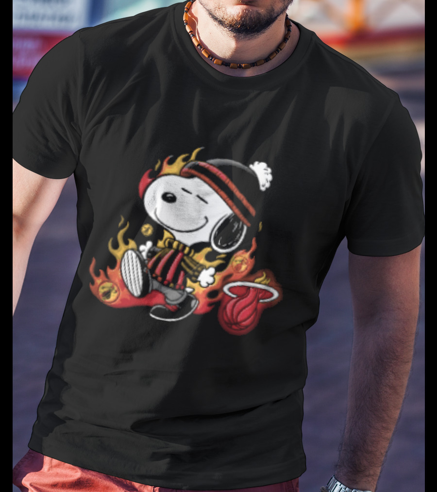 Miami Heat NBA Snoopy Walking Beanie Striped Flames Cartoon T-Shirt