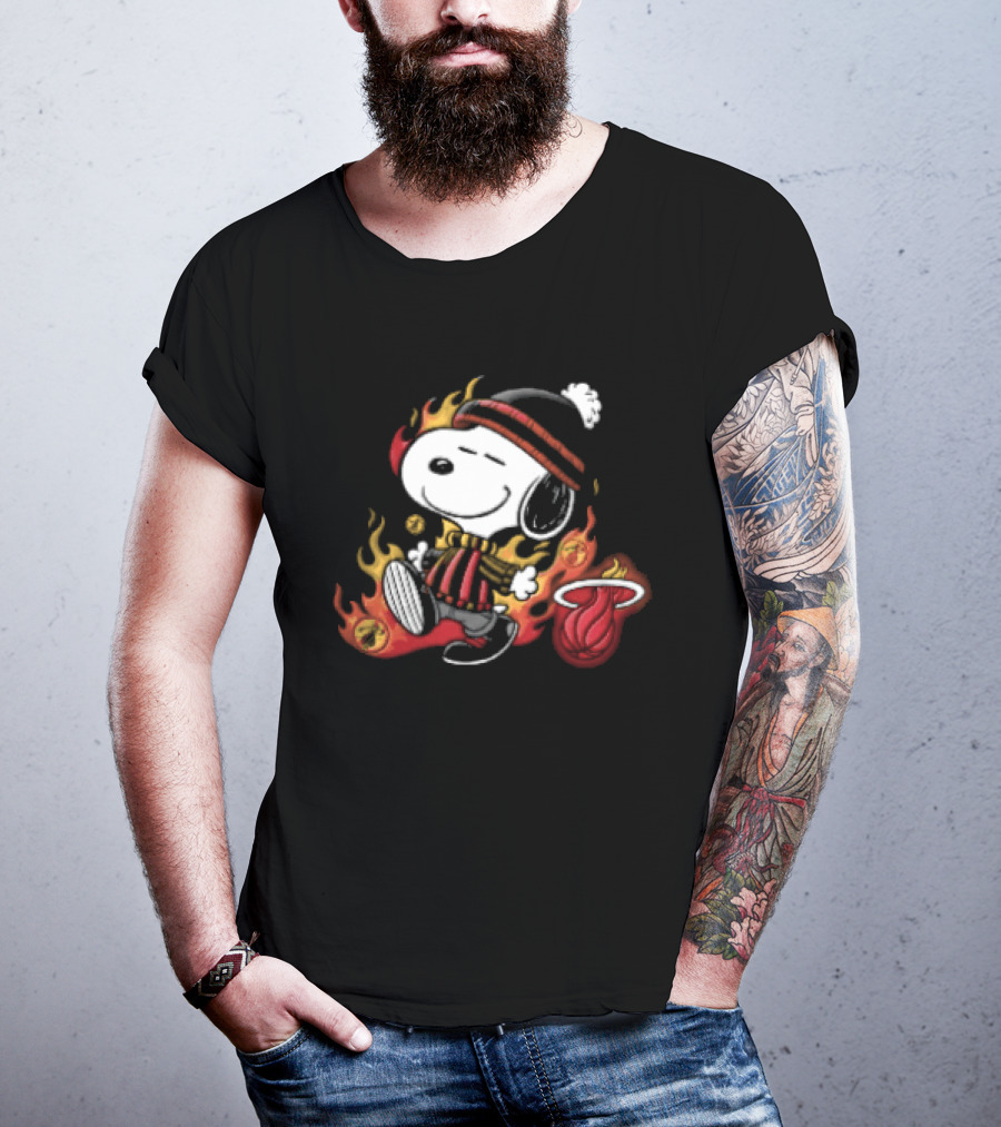 Miami Heat NBA Snoopy Walking Beanie Striped Flames Cartoon T-Shirt