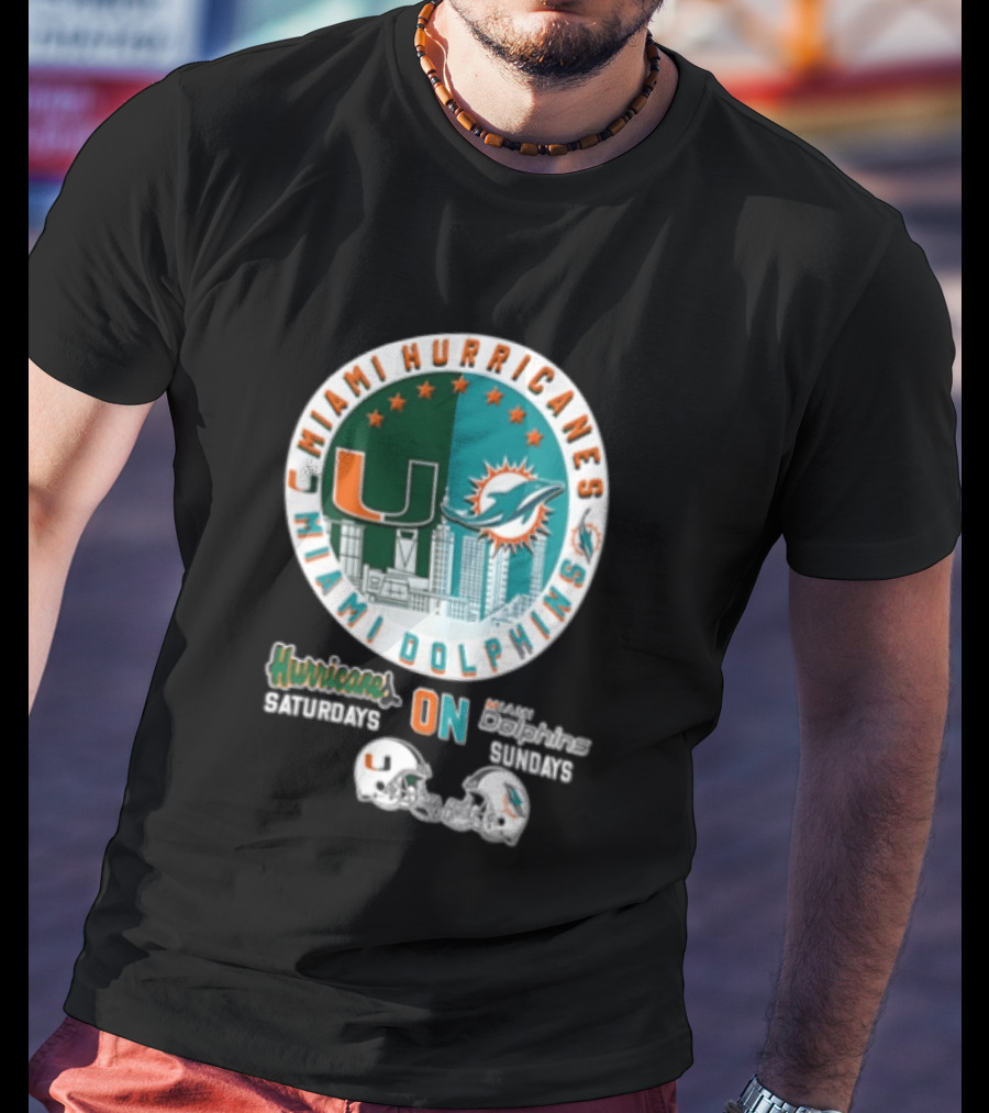 Miami Hurricanes Dolphins City Skyline Saturdays Sundays Two Helmets T-Shirt