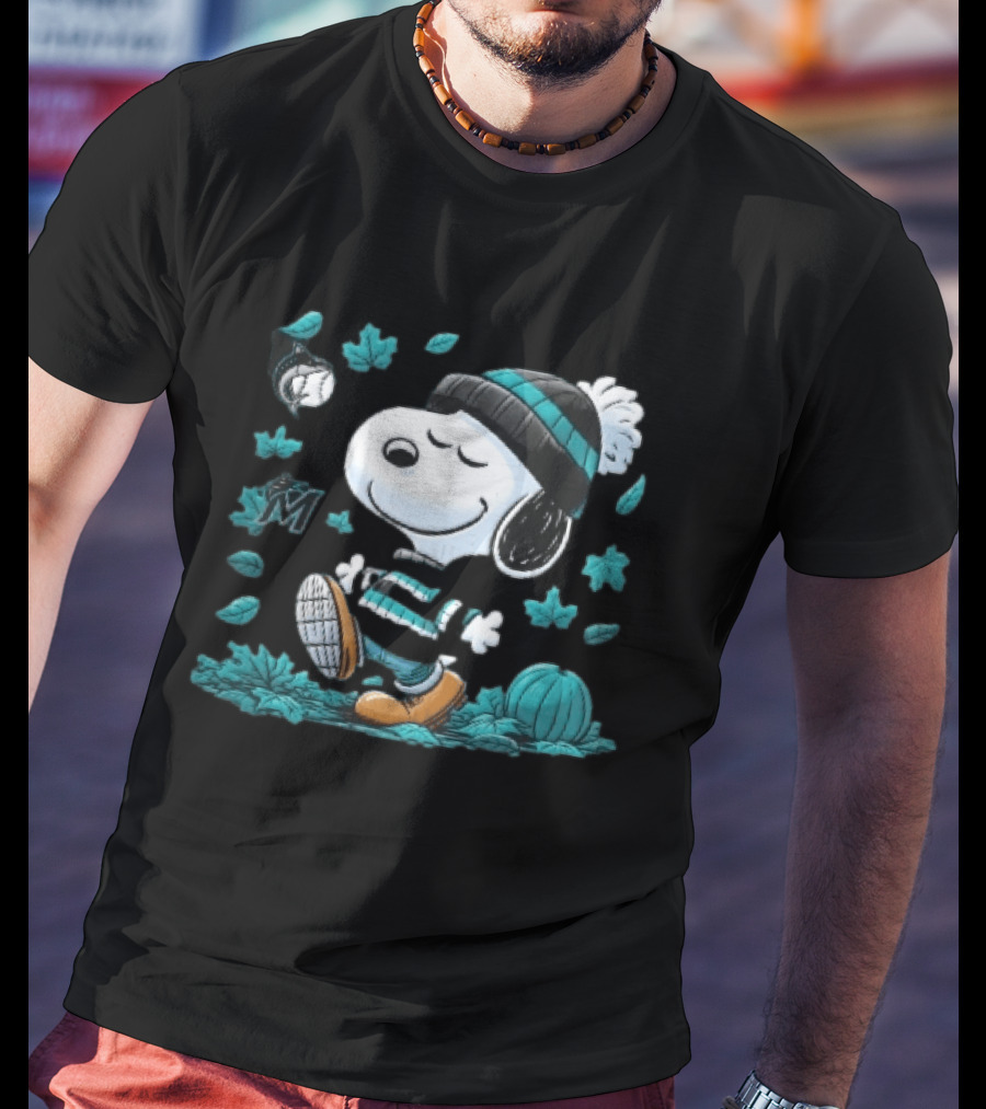 Miami Marlins Snoopy Walking Winter Beanie Autumn Leaves Pumpkin MLB Cartoon T-Shirt