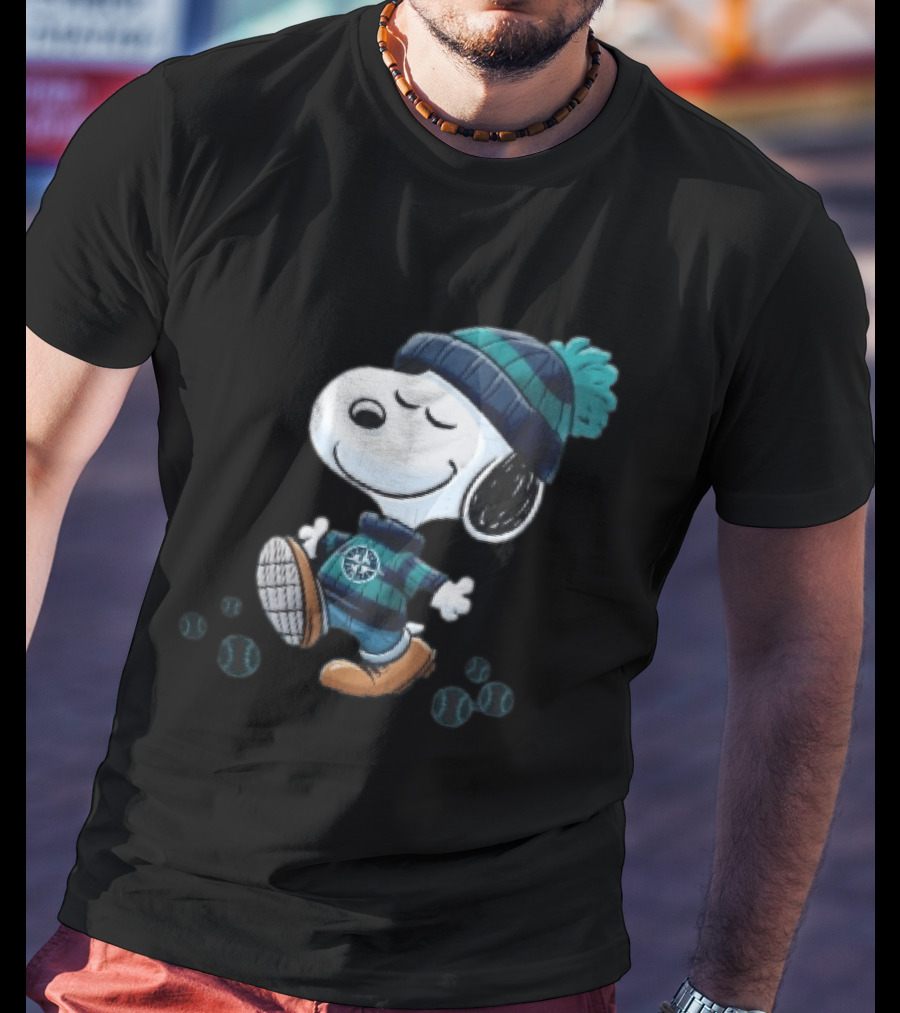 Seattle Mariners Snoopy Walking Beanie And Baseballs MLB Cartoon T-Shirt