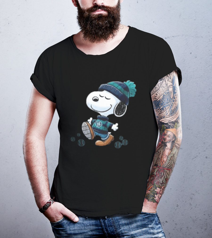 Seattle Mariners Snoopy Walking Beanie And Baseballs MLB Cartoon T-Shirt