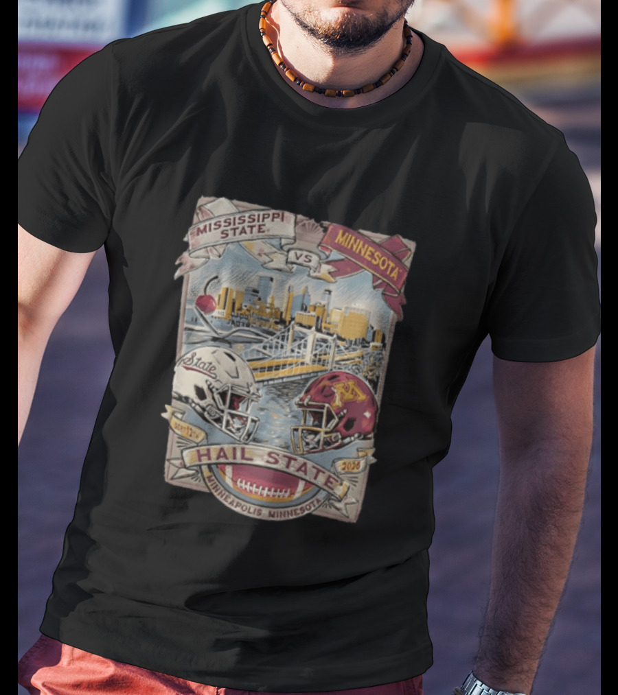 Mississippi State Vs Minnesota September 12th 2026 Hail State Minneapolis Minnesota Football Helmets And Skyline T-Shirt