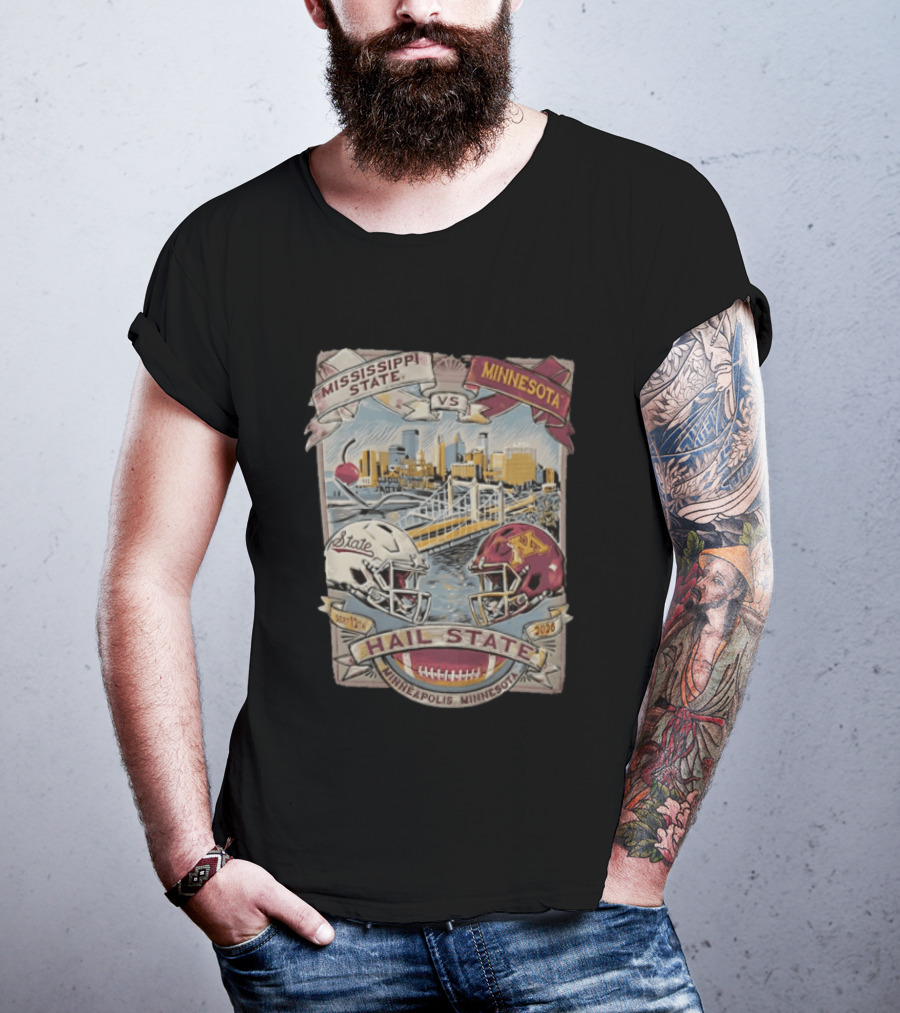 Mississippi State Vs Minnesota September 12th 2026 Hail State Minneapolis Minnesota Football Helmets And Skyline T-Shirt