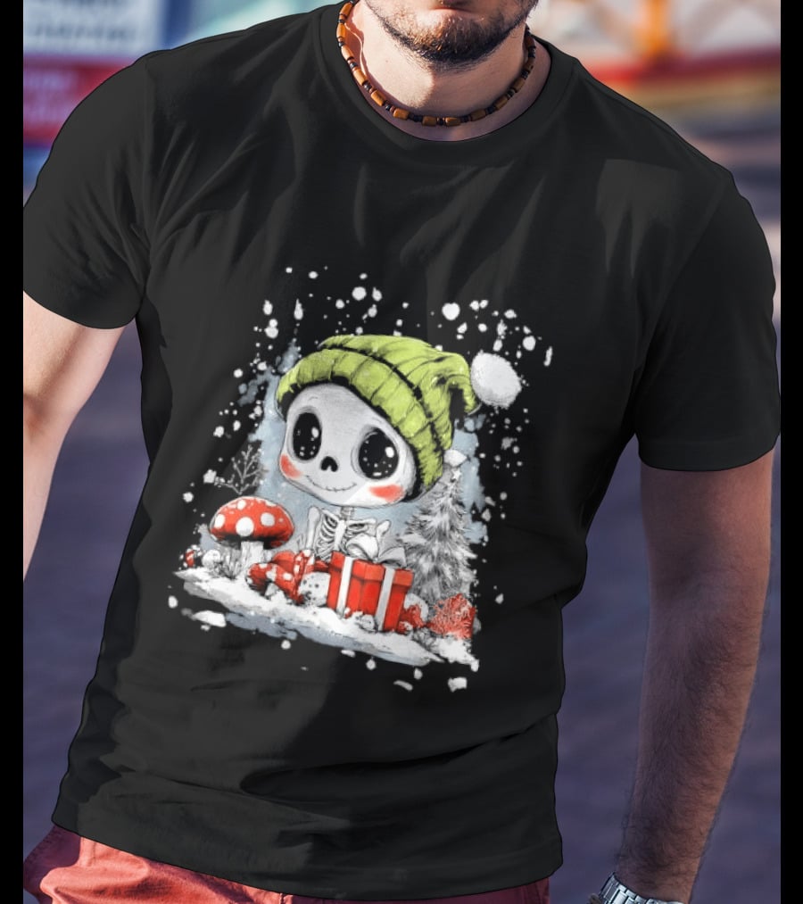 Skeleton In Green Beanie Hat With Mushroom And Christmas Present T-Shirt