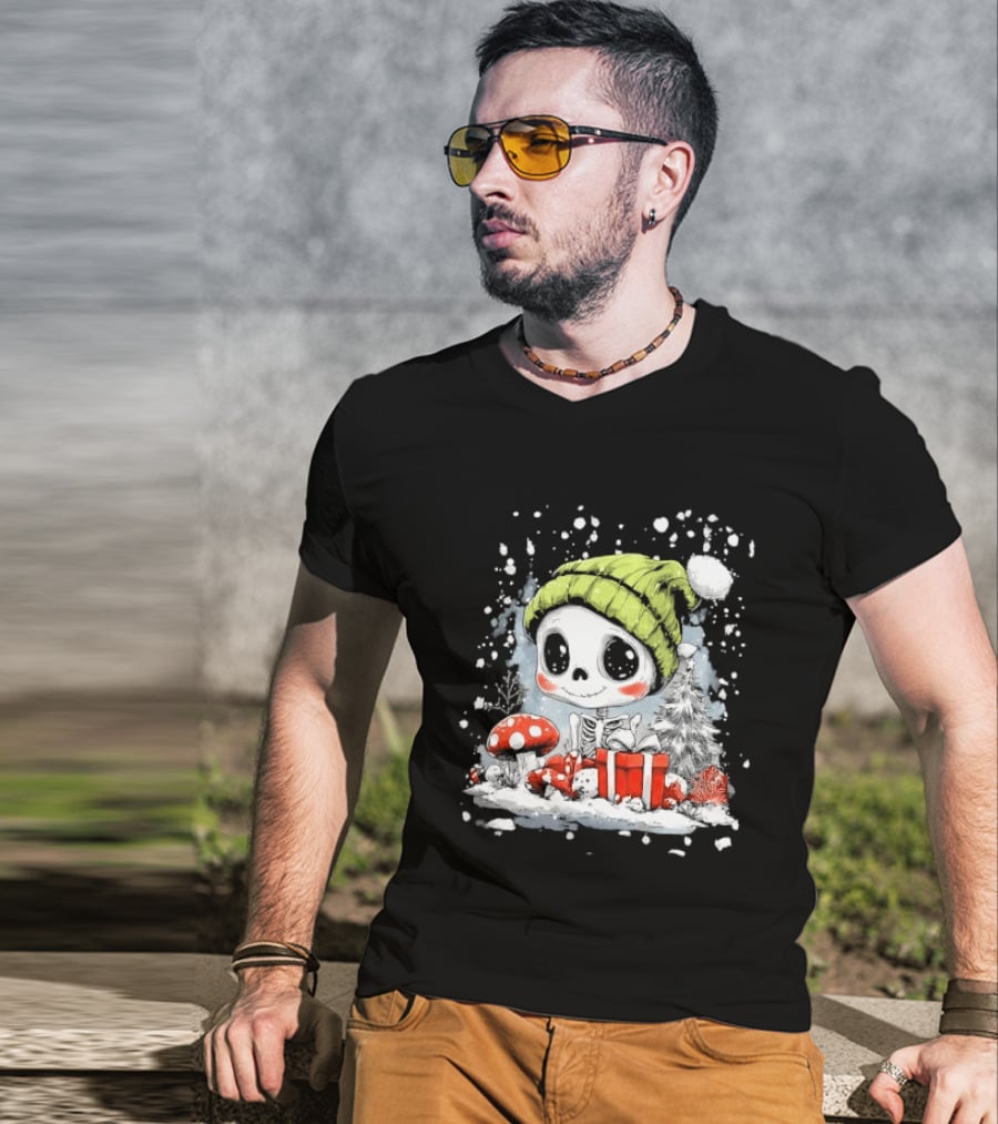 Skeleton In Green Beanie Hat With Mushroom And Christmas Present T-Shirt