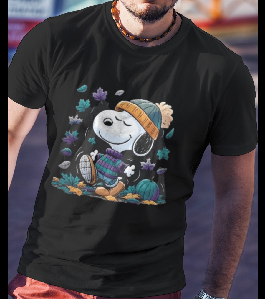 Snoopy Autumn Walk Striped Beanie Pumpkin And Falling Leaves T-Shirt