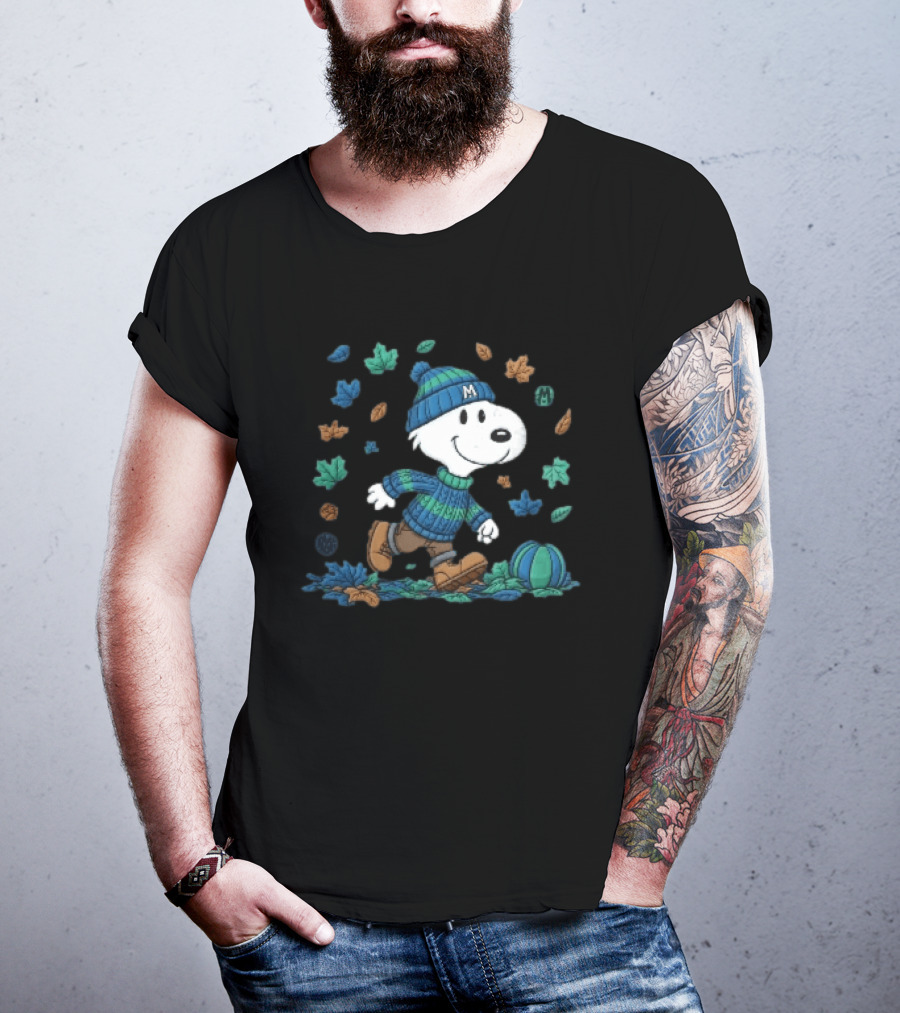 Snoopy Walking Autumn Leaves Blue Green Beanie Pumpkin T-Shirt