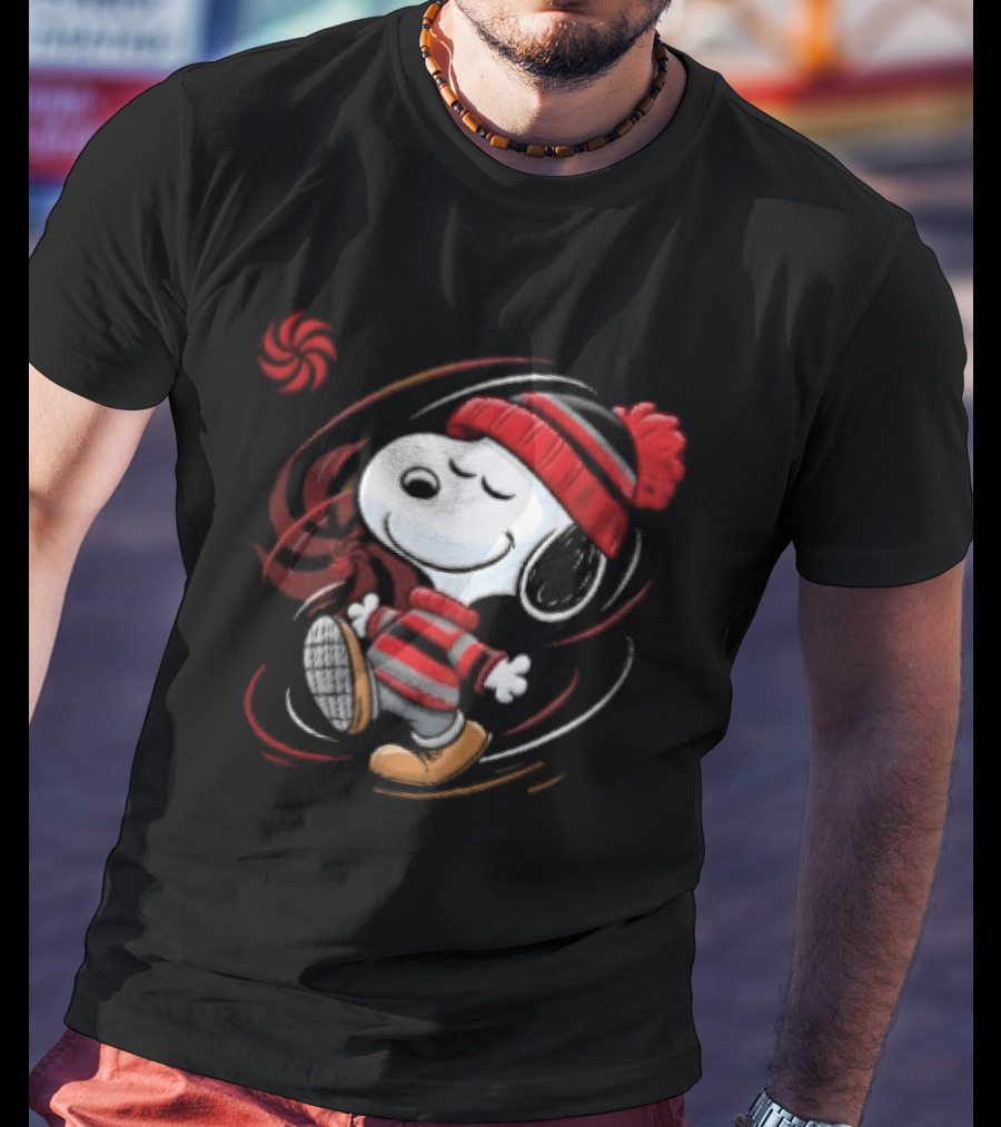 Snoopy Walking Red Black Striped Beanie Swirl Cartoon T-Shirt