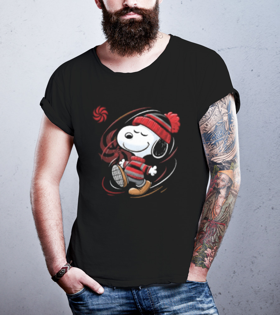 Snoopy Walking Red Black Striped Beanie Swirl Cartoon T-Shirt