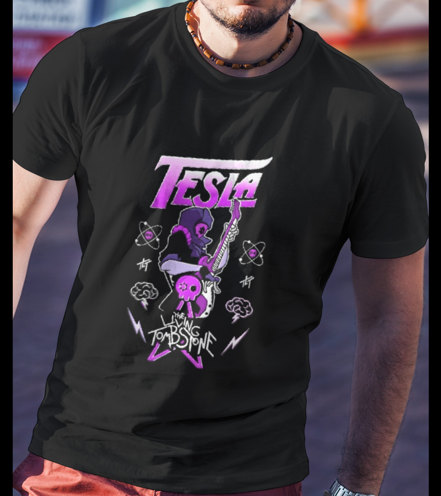 Tesla The Living Tombstone Purple Hooded Skull Mask Electric Guitar Pixel T-Shirt