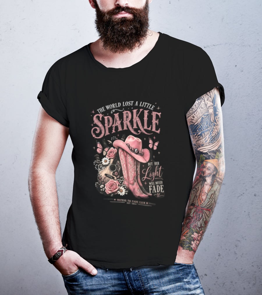 The World Lost A Little Sparkle Cowboy Boot Her Light Will Never Fade Pink Hat Guitar Flowers Vintage Western T-Shirt