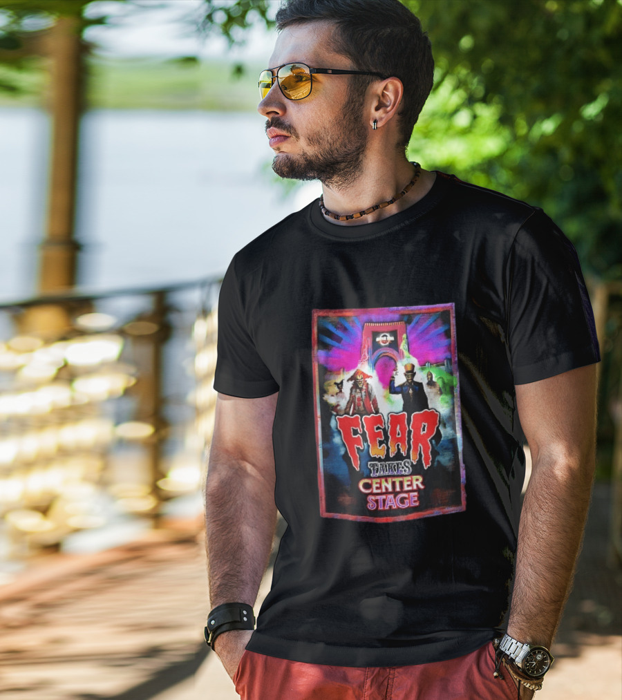 Universal Studios Fear Takes Center Stage Horror Characters Neon Archway Fog T-Shirt