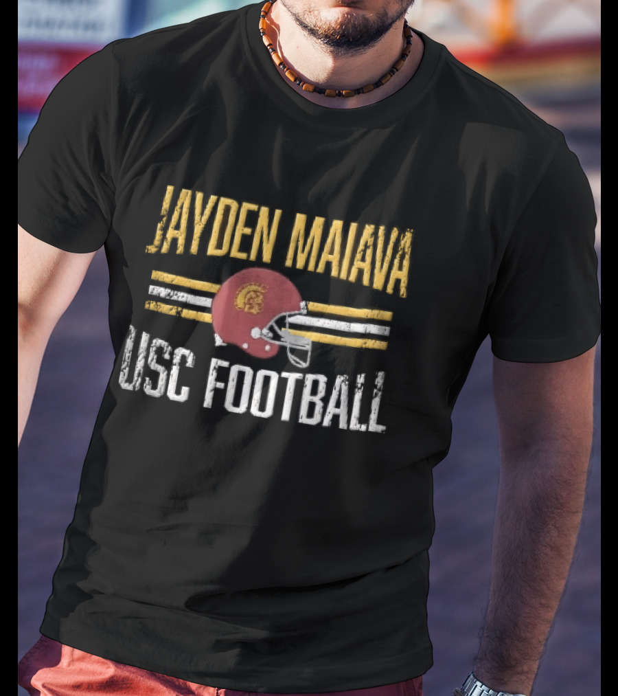 Jayden Maiava USC Football Distressed Helmet Yellow Stripes T-Shirt