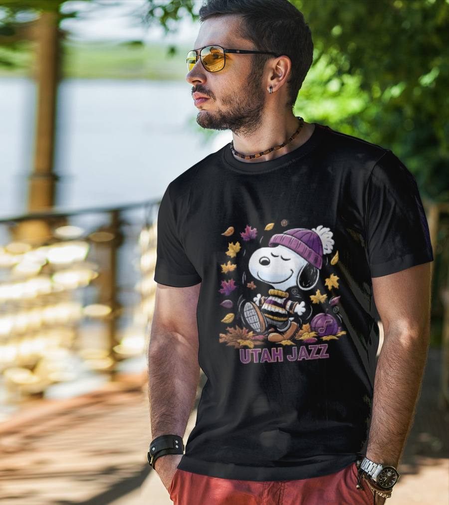 Utah Jazz Snoopy Cartoon Walking In Autumn Leaves Purple Beanie Basketball T-Shirt