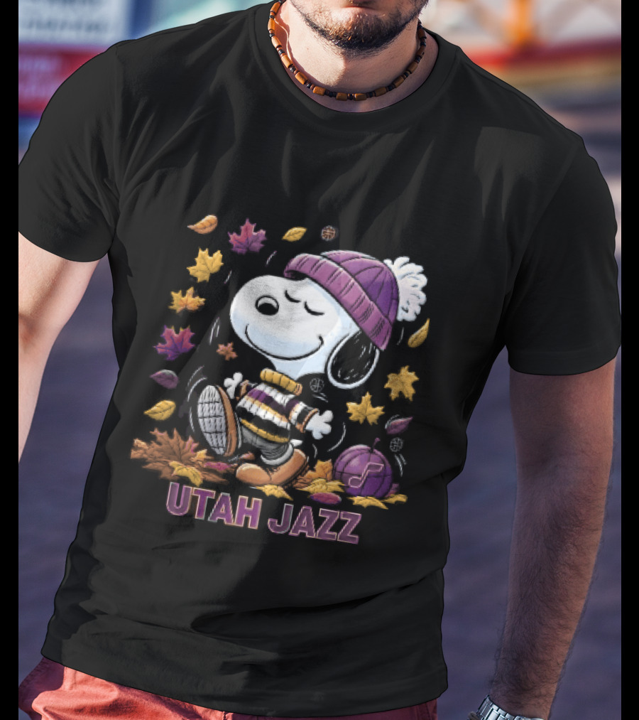 Utah Jazz Snoopy Cartoon Walking In Autumn Leaves Purple Beanie Basketball T-Shirt