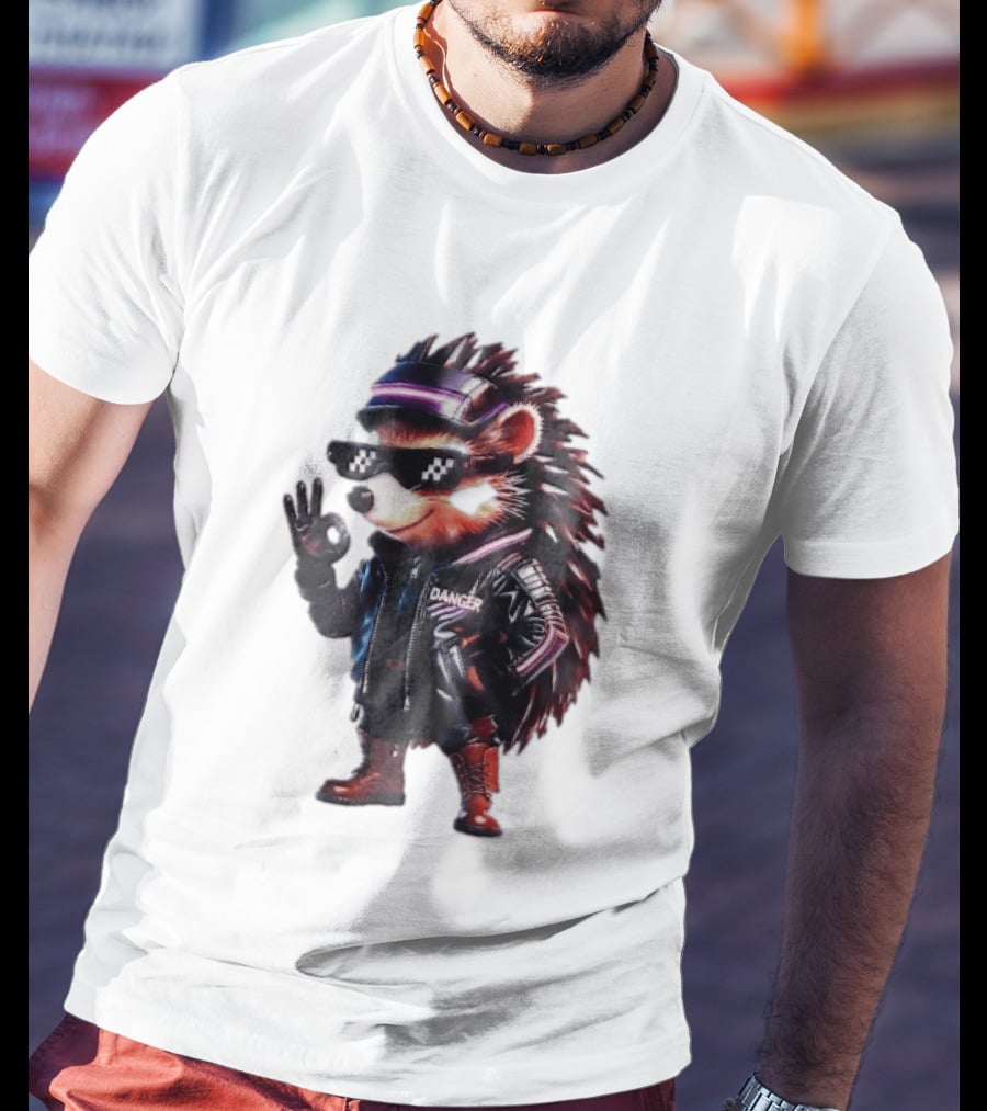 Danger Hedgehog Pixel Sunglasses Leather Jacket T-Shirt