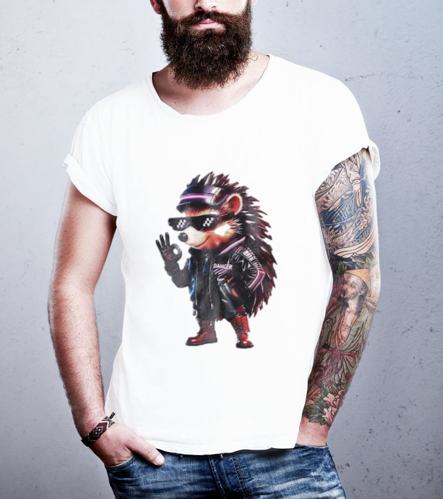 Danger Hedgehog Pixel Sunglasses Leather Jacket T-Shirt