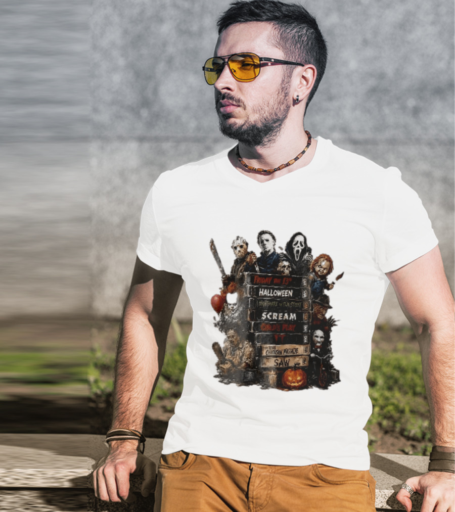 Friday The 13th Halloween Nightmare On Elm Street Scream Child's Play IT Texas Chainsaw Massacre Saw Horror Movie Stack T-Shirt