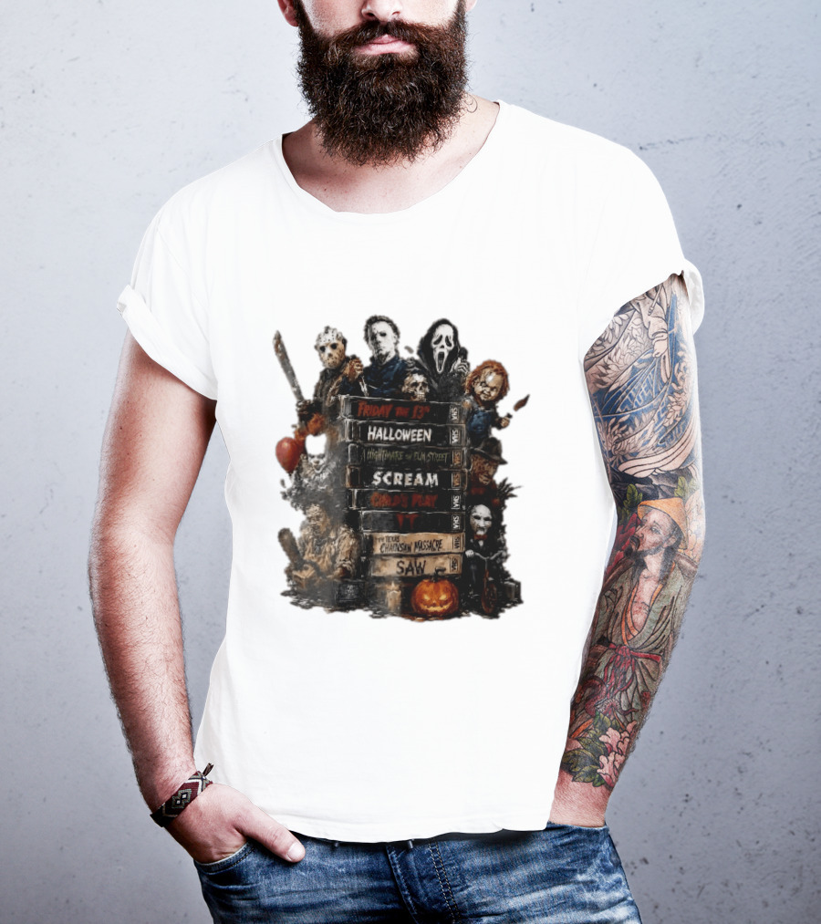 Friday The 13th Halloween Nightmare On Elm Street Scream Child's Play IT Texas Chainsaw Massacre Saw Horror Movie Stack T-Shirt