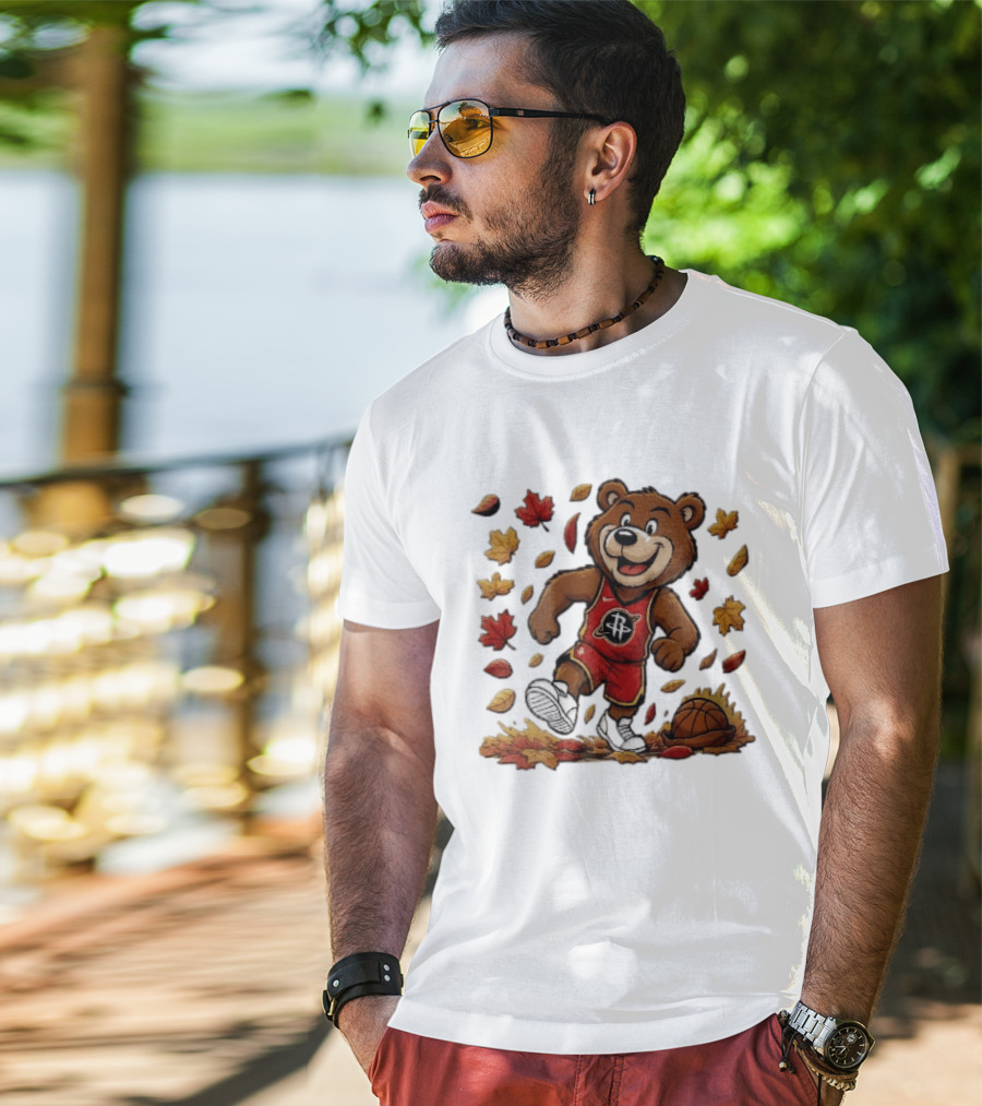 Houston Rockets Clutch The Bear Running With Basketball And Autumn Leaves T-Shirt