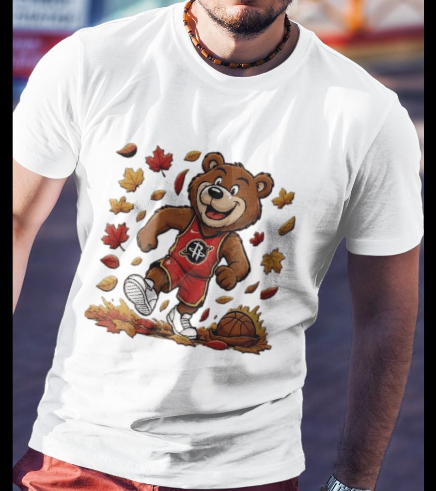 Houston Rockets Clutch The Bear Running With Basketball And Autumn Leaves T-Shirt
