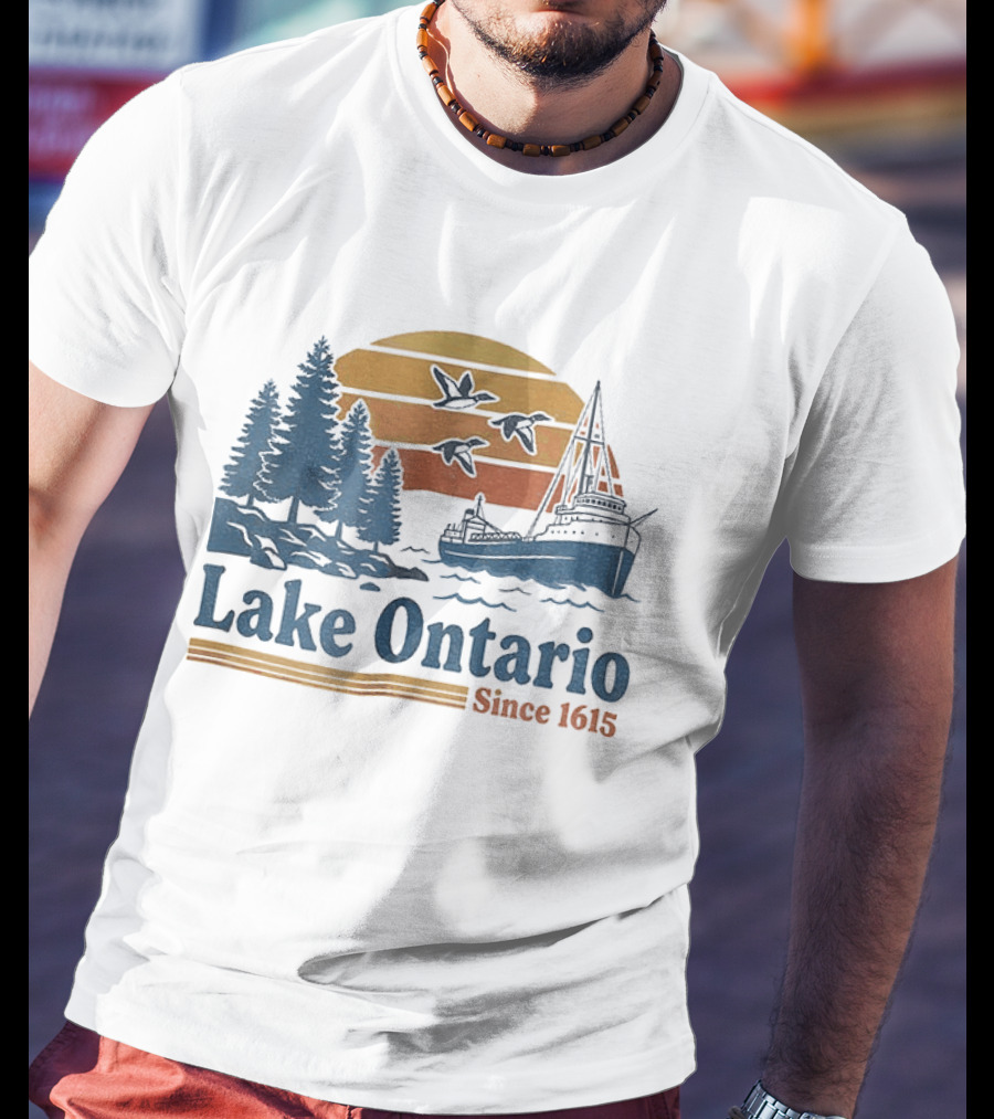 Lake Ontario Great Lakes Since 1615 Scenic Sunrise With Ship And Trees T-Shirt