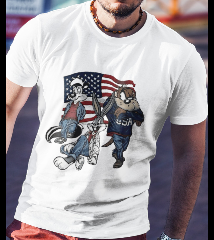 Looney Tunes Pepe Le Pew Bugs Bunny Tasmanian Devil USA American Flag Caricature T-Shirt