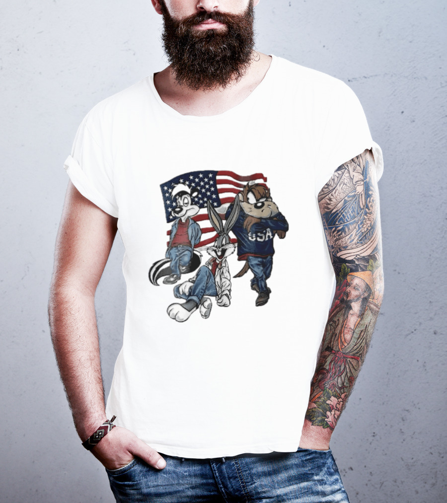 Looney Tunes Pepe Le Pew Bugs Bunny Tasmanian Devil USA American Flag Caricature T-Shirt
