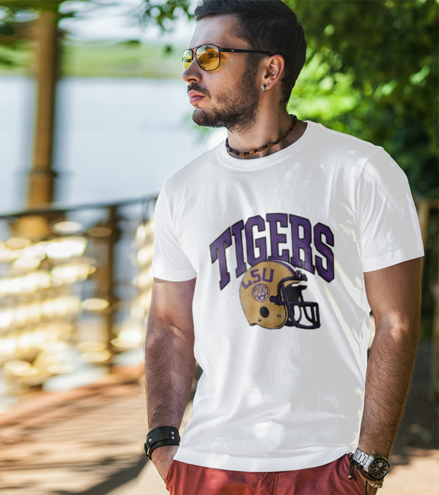 LSU Tigers Yellow Football Helmet Purple Arched Letters NCAA T-Shirt