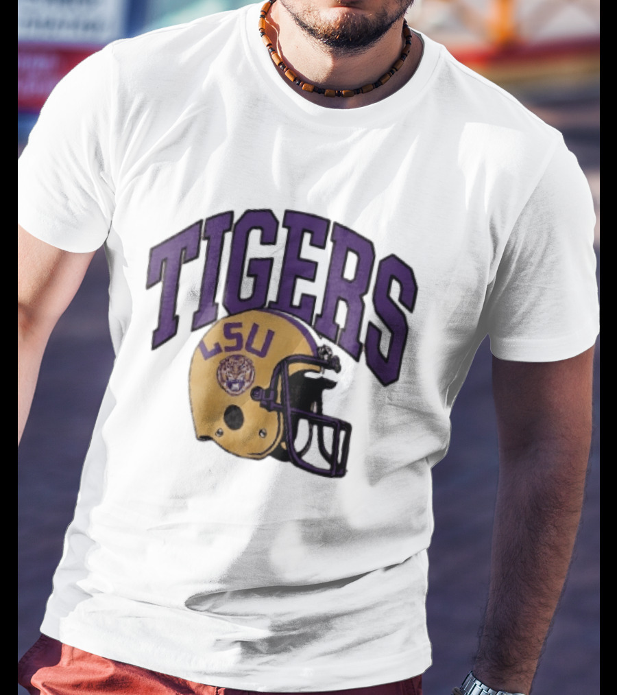 LSU Tigers Yellow Football Helmet Purple Arched Letters NCAA T-Shirt