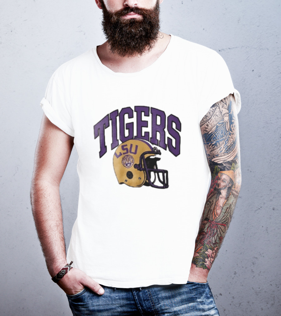 LSU Tigers Yellow Football Helmet Purple Arched Letters NCAA T-Shirt