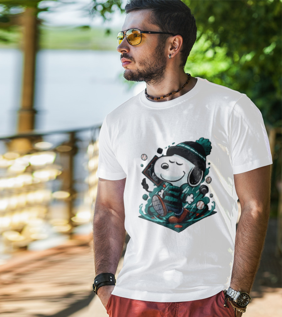 Miami Marlins MLB Snoopy Walking Teal Winter Beanie Striped Baseballs T-Shirt