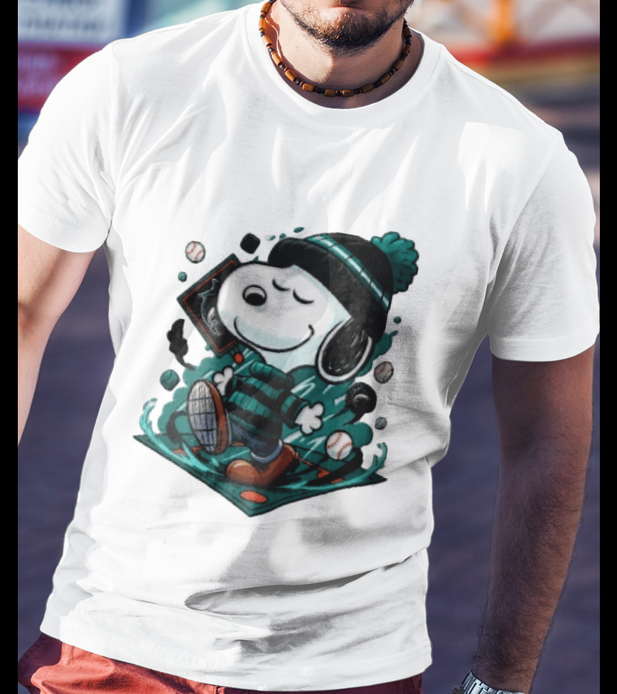 Miami Marlins MLB Snoopy Walking Teal Winter Beanie Striped Baseballs T-Shirt