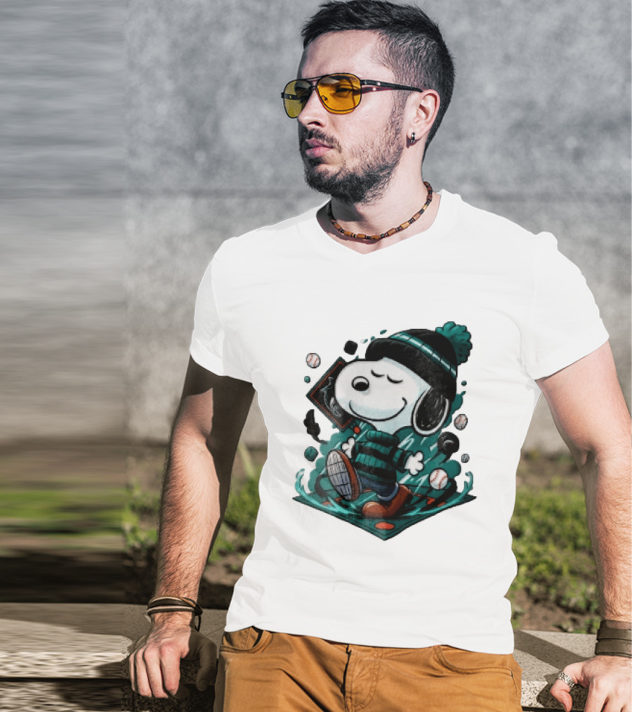 Miami Marlins MLB Snoopy Walking Teal Winter Beanie Striped Baseballs T-Shirt