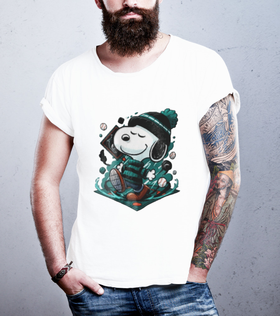 Miami Marlins MLB Snoopy Walking Teal Winter Beanie Striped Baseballs T-Shirt