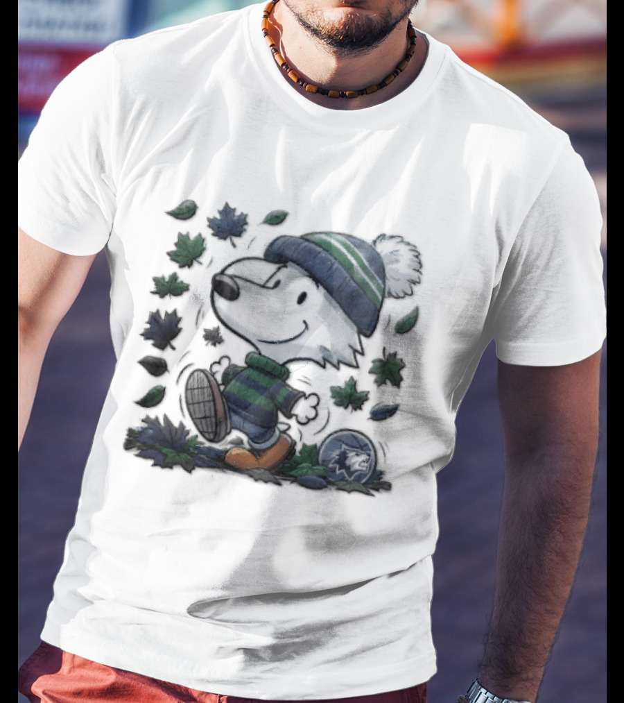 Minnesota Timberwolves Snoopy Beanie Boots Falling Leaves Cartoon T-Shirt